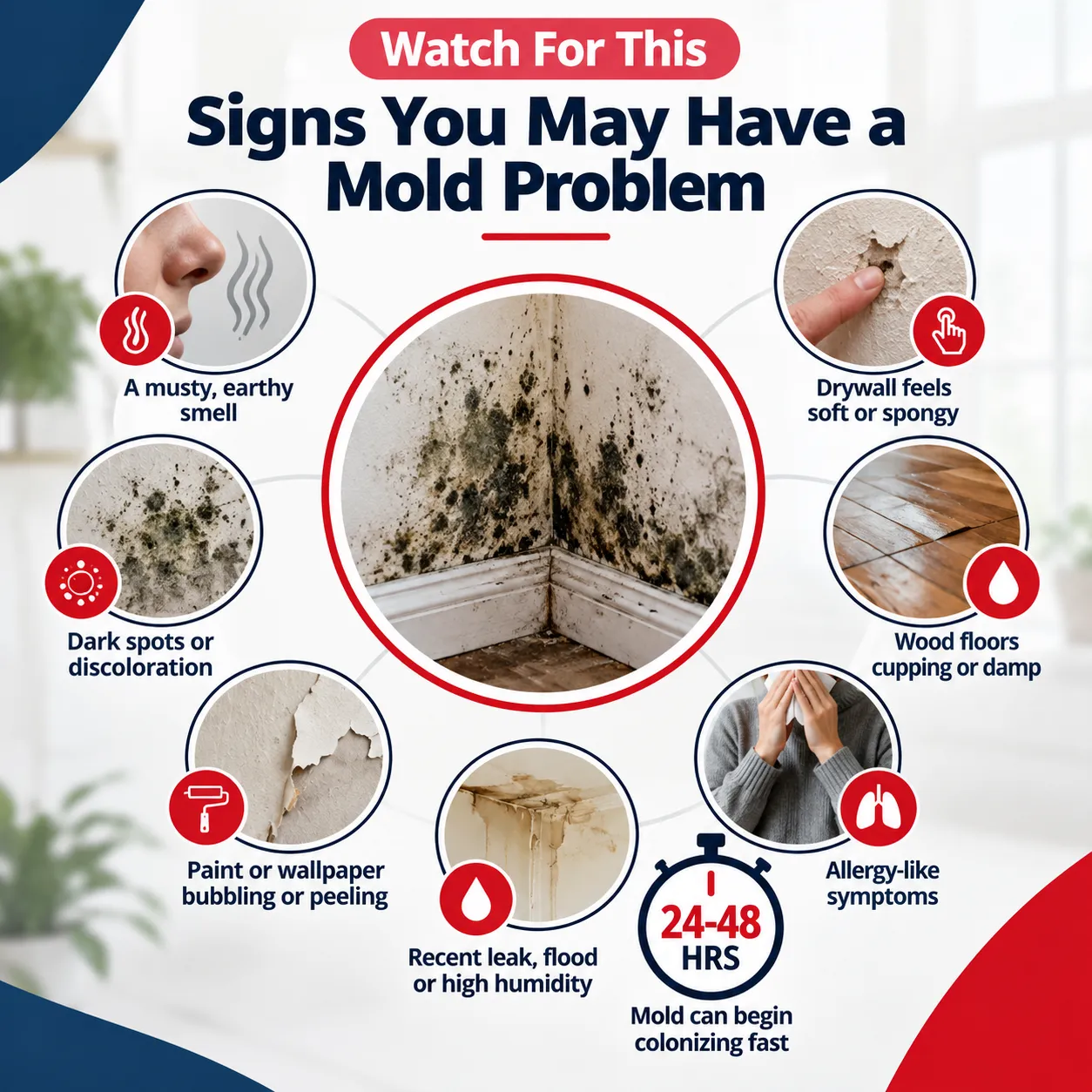Common signs of a mold problem, including dark spots and water stains, in a Charleston, SC home